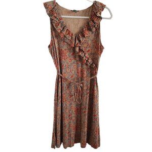 LRL Lauren Jeans Size L  Floral Batik Dress Faux Wrap Ruffle Trim Tie Belt